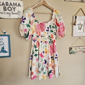 Mini Dress Peacock bird tropical Anthro Boho Resortwear Dopamine Dressing